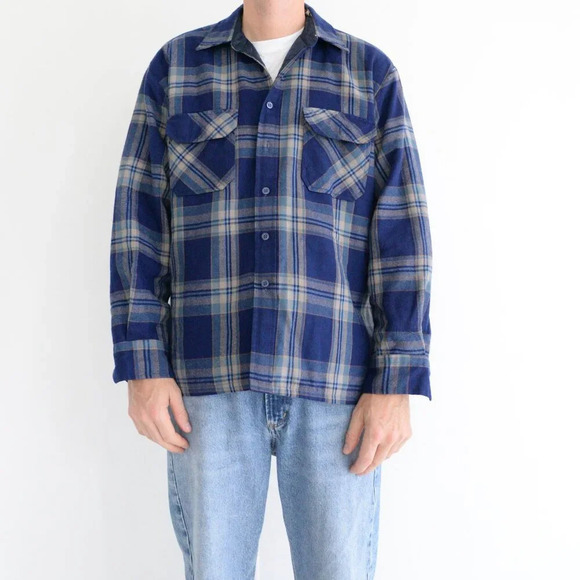Vintage 90S Oakton Ltd Blue And Cream Plaid Button Up Outdoor Shacket Large - Picture 1 of 11